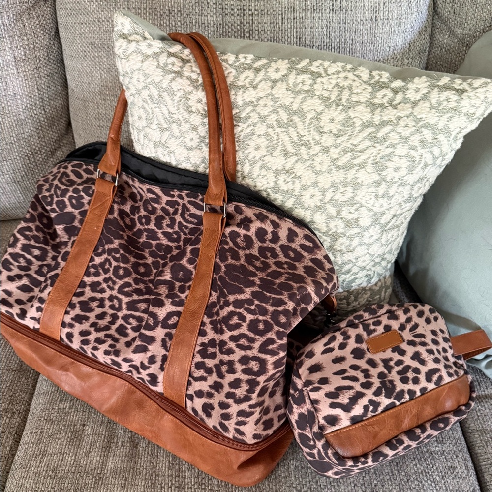 Brown Leopard Print Travel Bags with Leather Accents